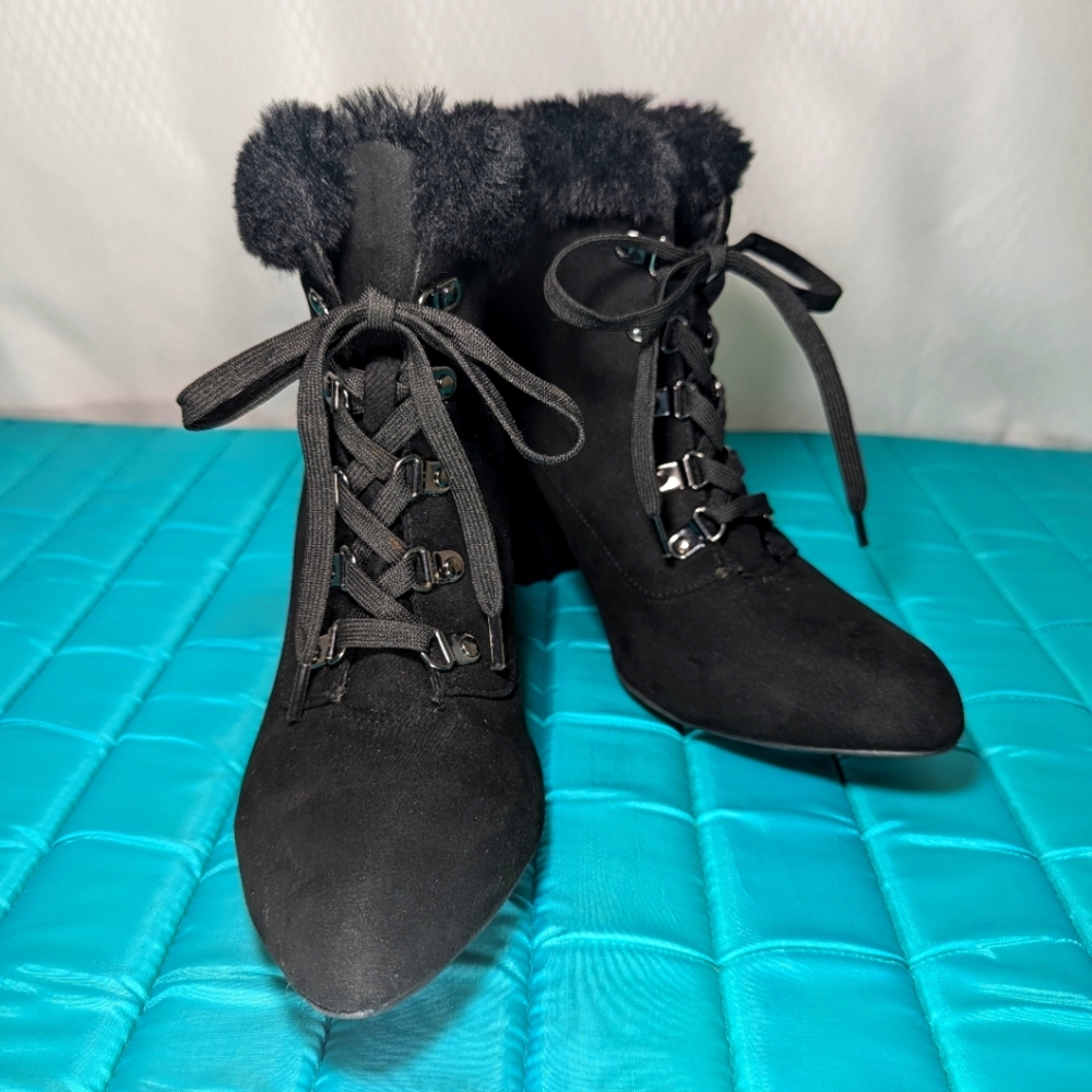 Bamboo "Vitality-19" Faux Suede/Fur Lace-Up High-Heel Boots, Black, Size10, NWT